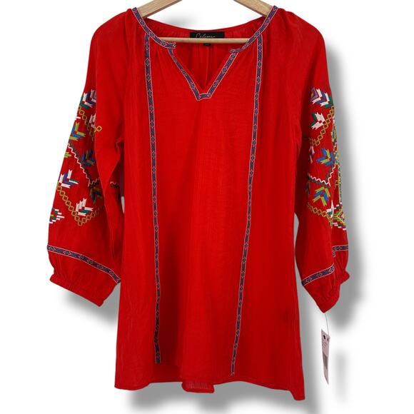 New Calessa Southwest Embroidered V Neckline Bracelet Sleeve Shirt Sz Small - Picture 1 of 8